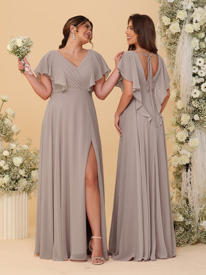 A-Line/Princess V-Neck Short Sleeves Floor-Length Ruched Bridesmaid Dresses With Side Slit