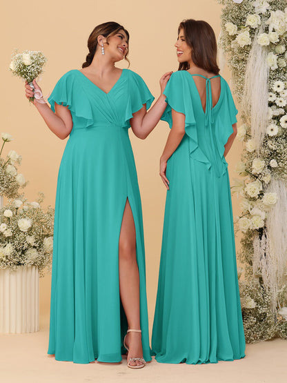 A-Line/Princess V-Neck Short Sleeves Floor-Length Ruched Bridesmaid Dresses With Side Slit