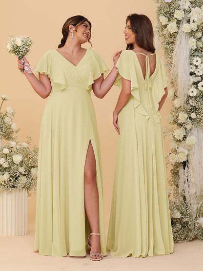 A-Line/Princess V-Neck Short Sleeves Floor-Length Ruched Bridesmaid Dresses With Side Slit