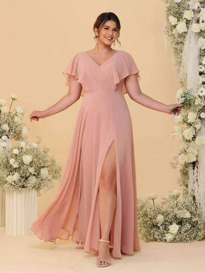 A-Line/Princess V-Neck Short Sleeves Floor-Length Plus Size Bridesmaid Dresses With Side Slit