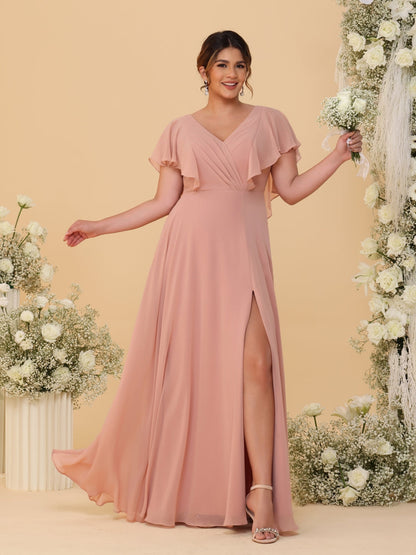 A-Line/Princess V-Neck Short Sleeves Floor-Length Plus Size Bridesmaid Dresses With Side Slit