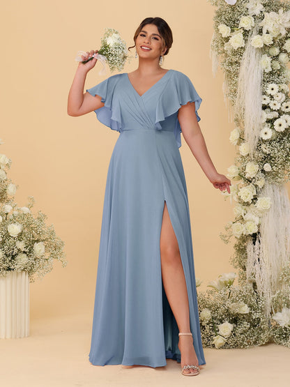 A-Line/Princess V-Neck Short Sleeves Floor-Length Plus Size Bridesmaid Dresses With Side Slit