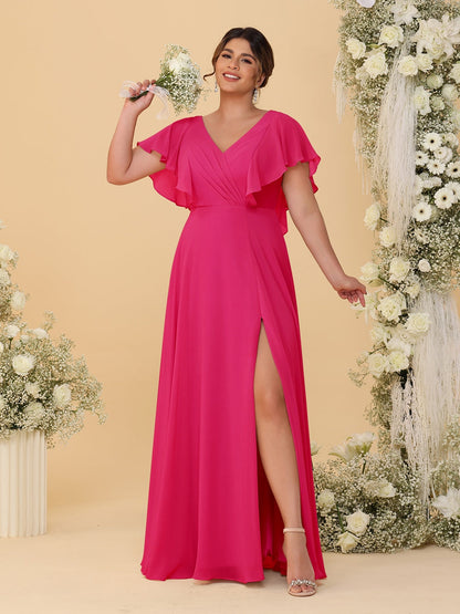 A-Line/Princess V-Neck Short Sleeves Floor-Length Plus Size Bridesmaid Dresses With Side Slit
