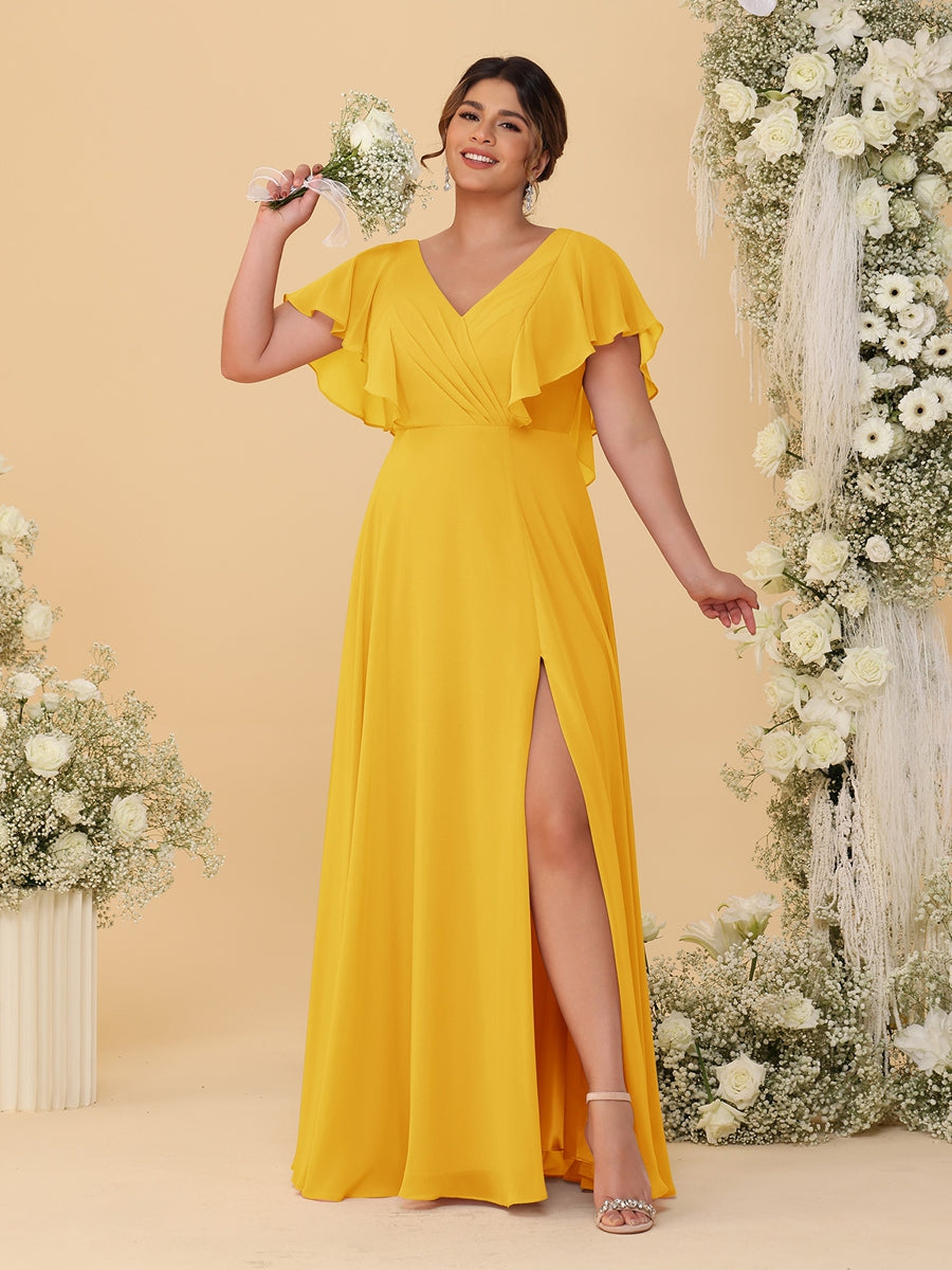 A-Line/Princess V-Neck Short Sleeves Floor-Length Plus Size Bridesmaid Dresses With Side Slit