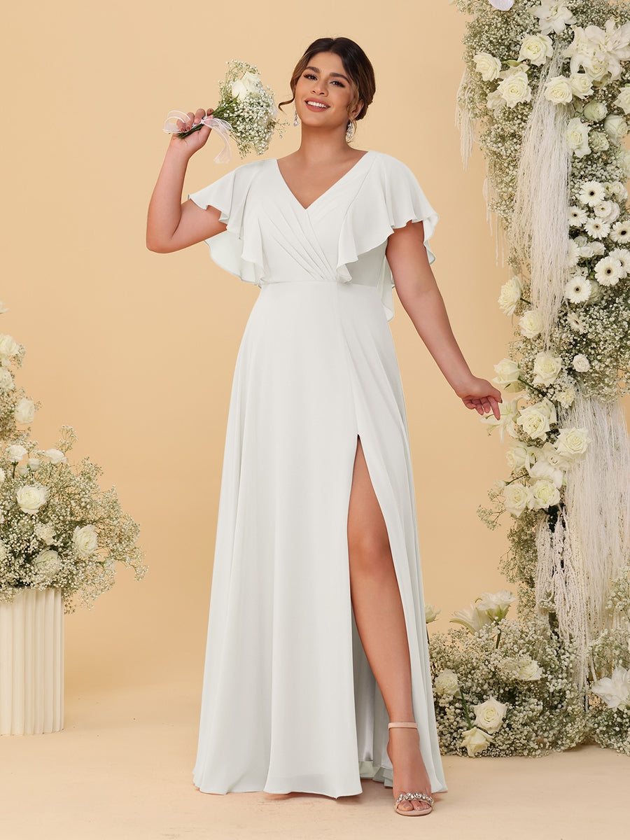 A-Line/Princess V-Neck Short Sleeves Floor-Length Plus Size Bridesmaid Dresses With Side Slit