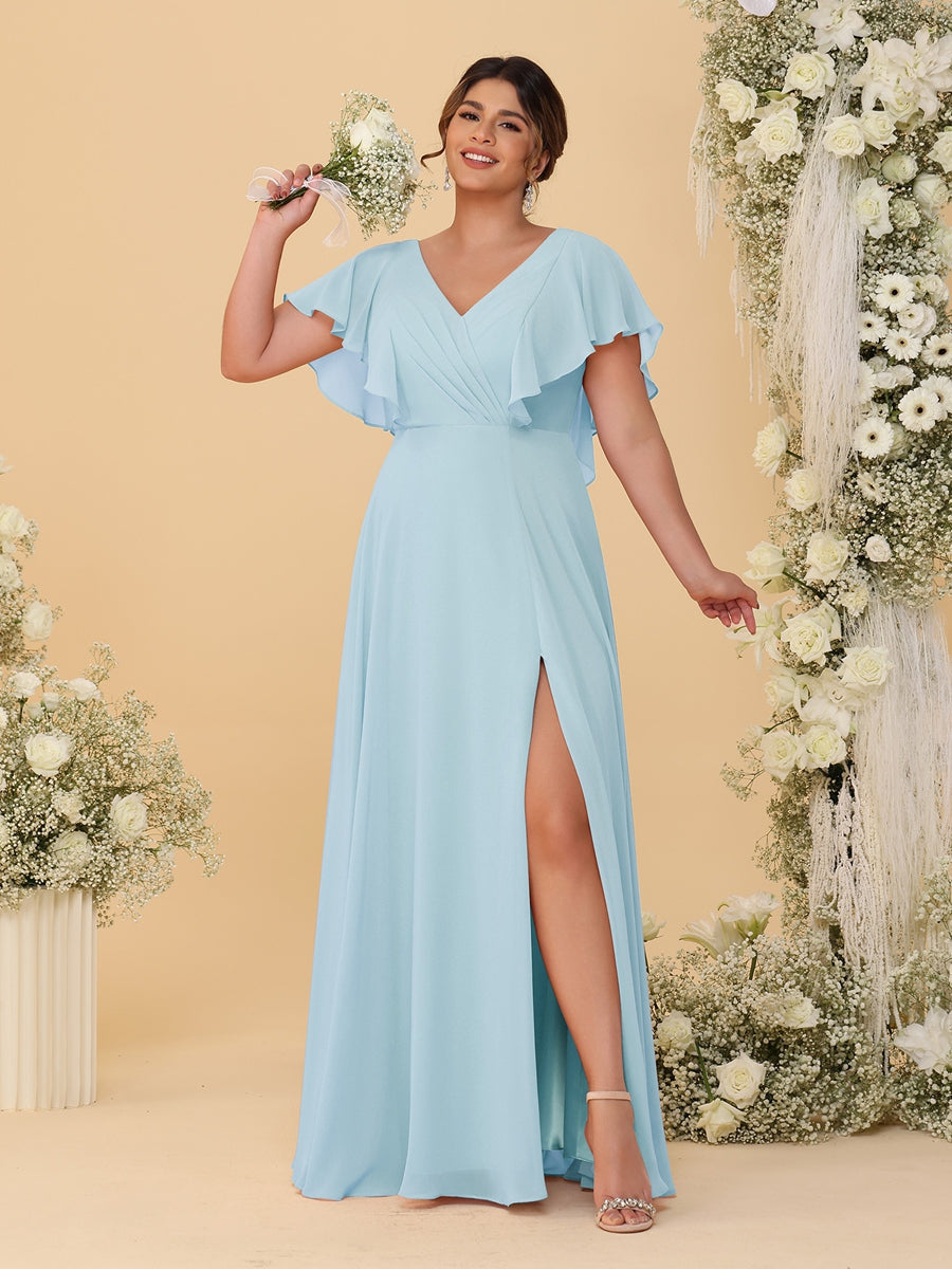 A-Line/Princess V-Neck Short Sleeves Floor-Length Plus Size Bridesmaid Dresses With Side Slit