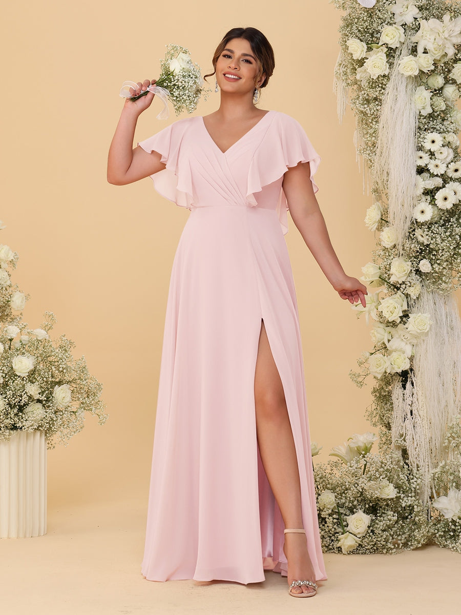 A-Line/Princess V-Neck Short Sleeves Floor-Length Plus Size Bridesmaid Dresses With Side Slit