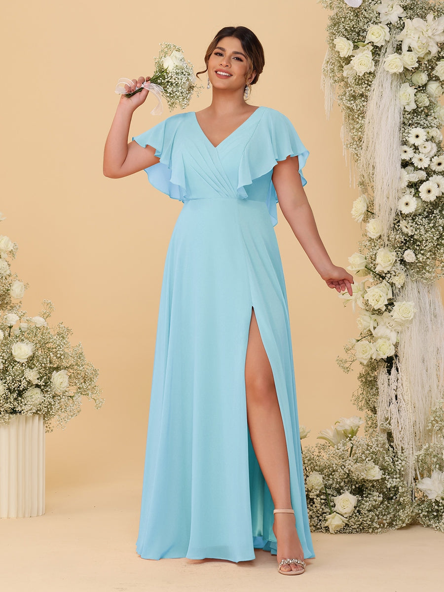 A-Line/Princess V-Neck Short Sleeves Floor-Length Plus Size Bridesmaid Dresses With Side Slit