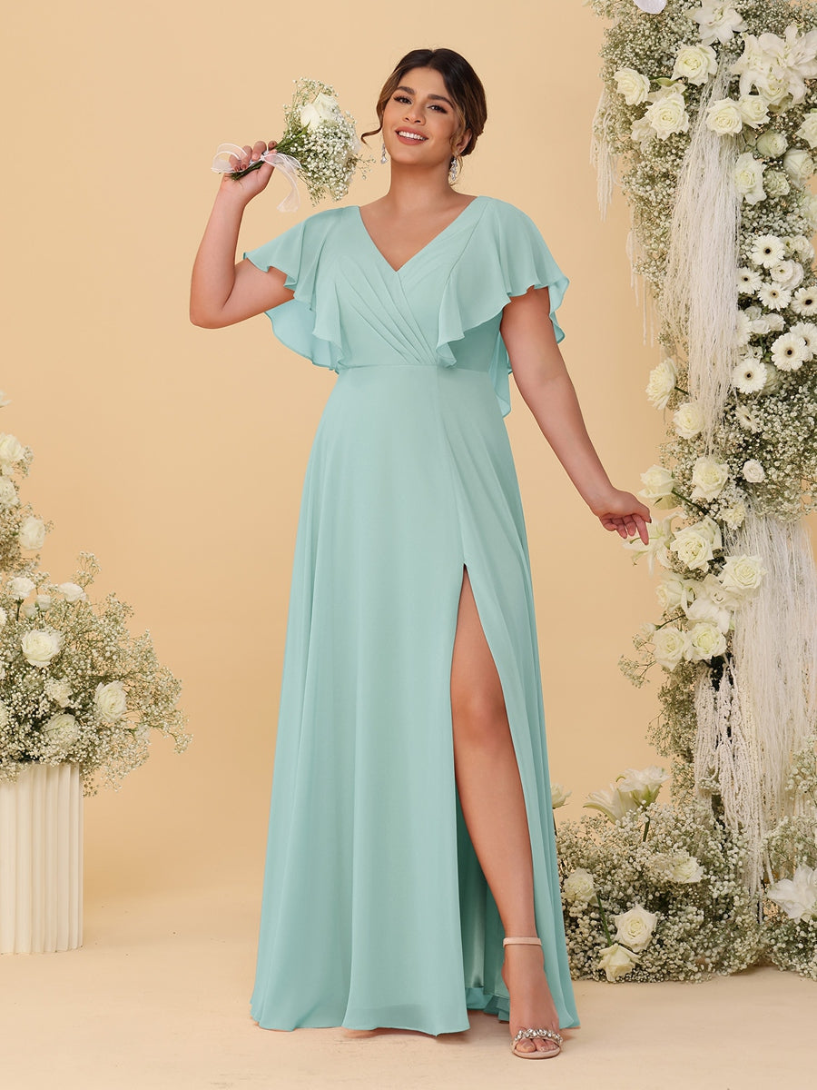 A-Line/Princess V-Neck Short Sleeves Floor-Length Plus Size Bridesmaid Dresses With Side Slit