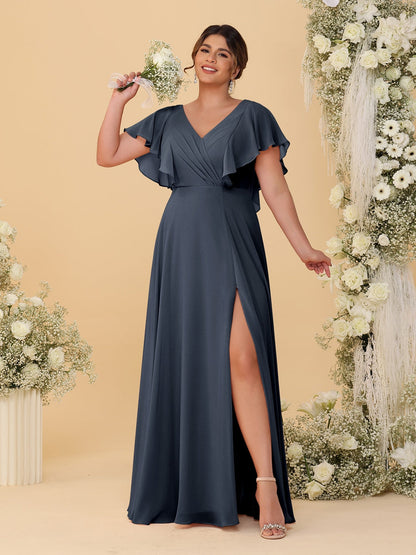 A-Line/Princess V-Neck Short Sleeves Floor-Length Plus Size Bridesmaid Dresses With Side Slit