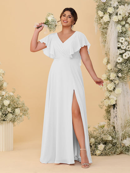 A-Line/Princess V-Neck Short Sleeves Floor-Length Plus Size Bridesmaid Dresses With Side Slit