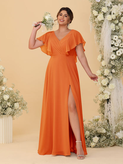 A-Line/Princess V-Neck Short Sleeves Floor-Length Plus Size Bridesmaid Dresses With Side Slit
