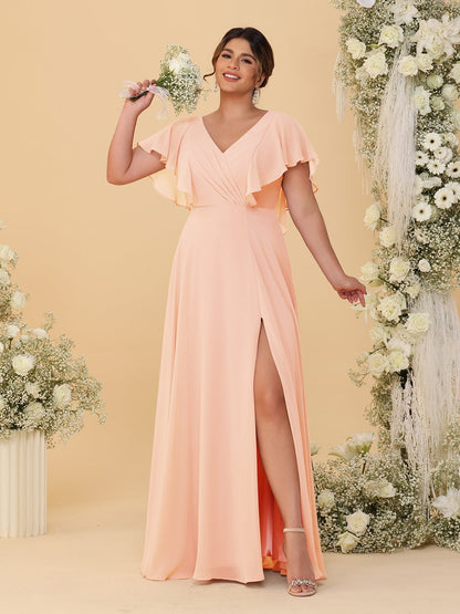 A-Line/Princess V-Neck Short Sleeves Floor-Length Plus Size Bridesmaid Dresses With Side Slit
