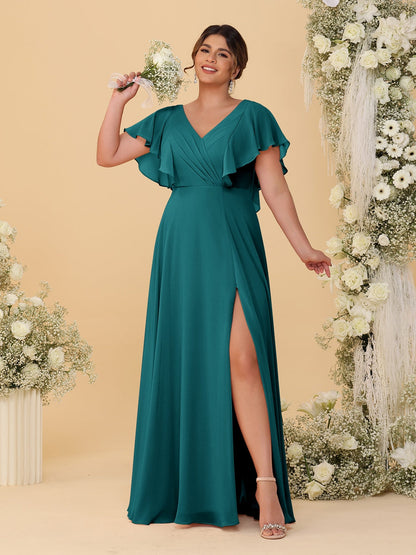 A-Line/Princess V-Neck Short Sleeves Floor-Length Plus Size Bridesmaid Dresses With Side Slit