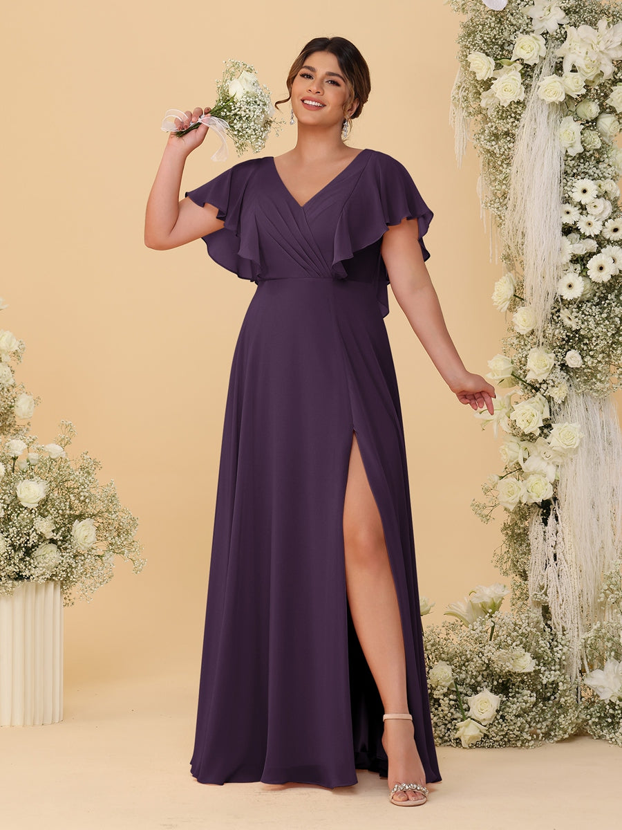 A-Line/Princess V-Neck Short Sleeves Floor-Length Plus Size Bridesmaid Dresses With Side Slit
