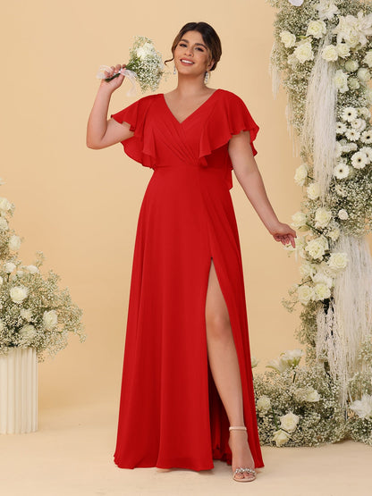 A-Line/Princess V-Neck Short Sleeves Floor-Length Plus Size Bridesmaid Dresses With Side Slit