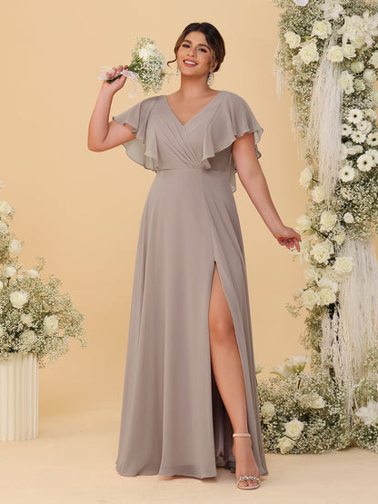 A-Line/Princess V-Neck Short Sleeves Floor-Length Plus Size Bridesmaid Dresses With Side Slit