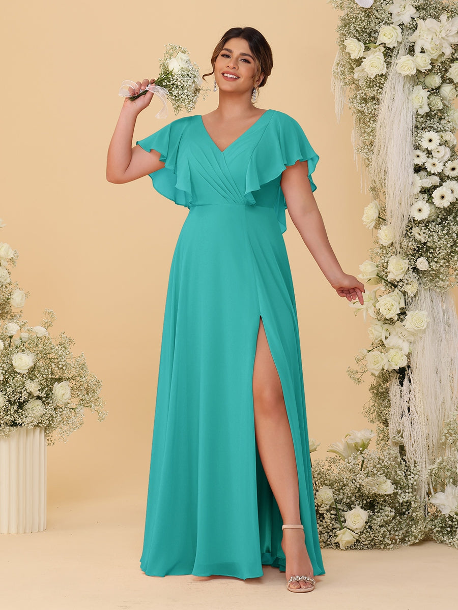 A-Line/Princess V-Neck Short Sleeves Floor-Length Plus Size Bridesmaid Dresses With Side Slit
