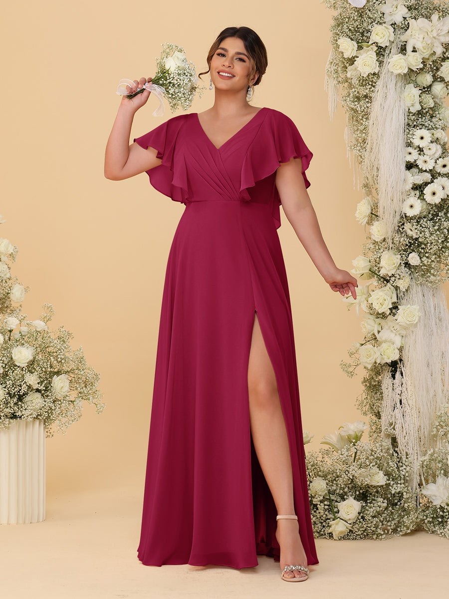 A-Line/Princess V-Neck Short Sleeves Floor-Length Plus Size Bridesmaid Dresses With Side Slit