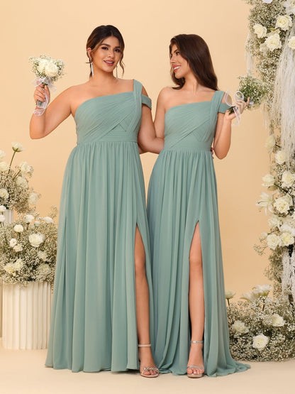 A-Line/Princess One-Shoulder Sleeveless Floor-Length Ruched Bridesmaid Dresses With Side Slit