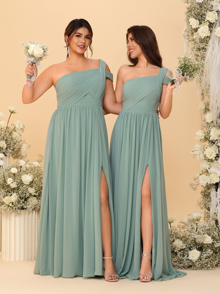 A-Line/Princess One-Shoulder Sleeveless Floor-Length Ruched Bridesmaid Dresses With Side Slit
