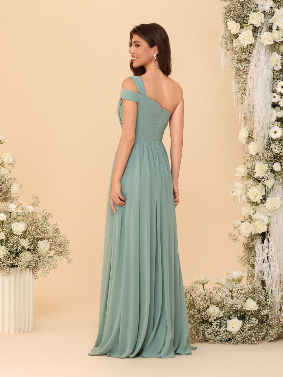 A-Line/Princess One-Shoulder Sleeveless Floor-Length Ruched Bridesmaid Dresses With Side Slit