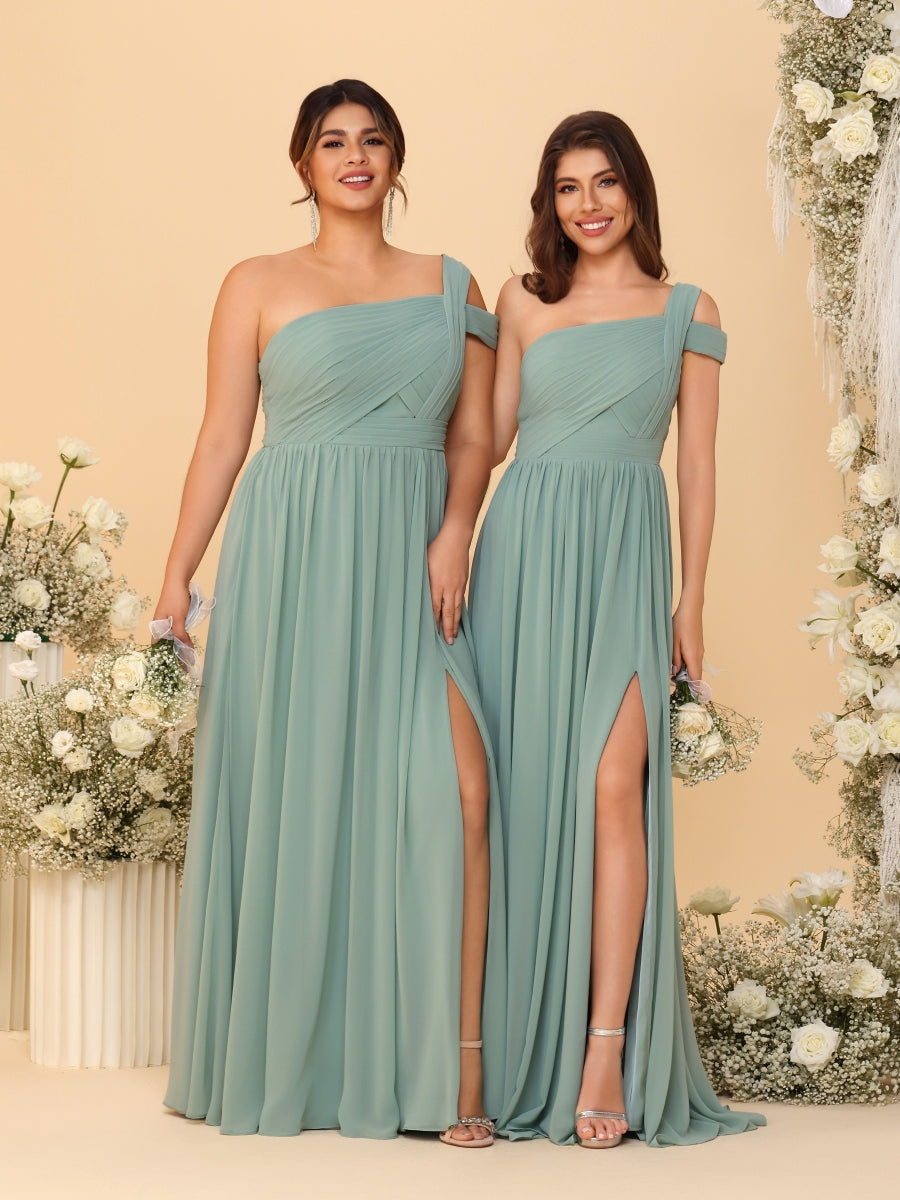 A-Line/Princess One-Shoulder Sleeveless Floor-Length Ruched Bridesmaid Dresses With Side Slit