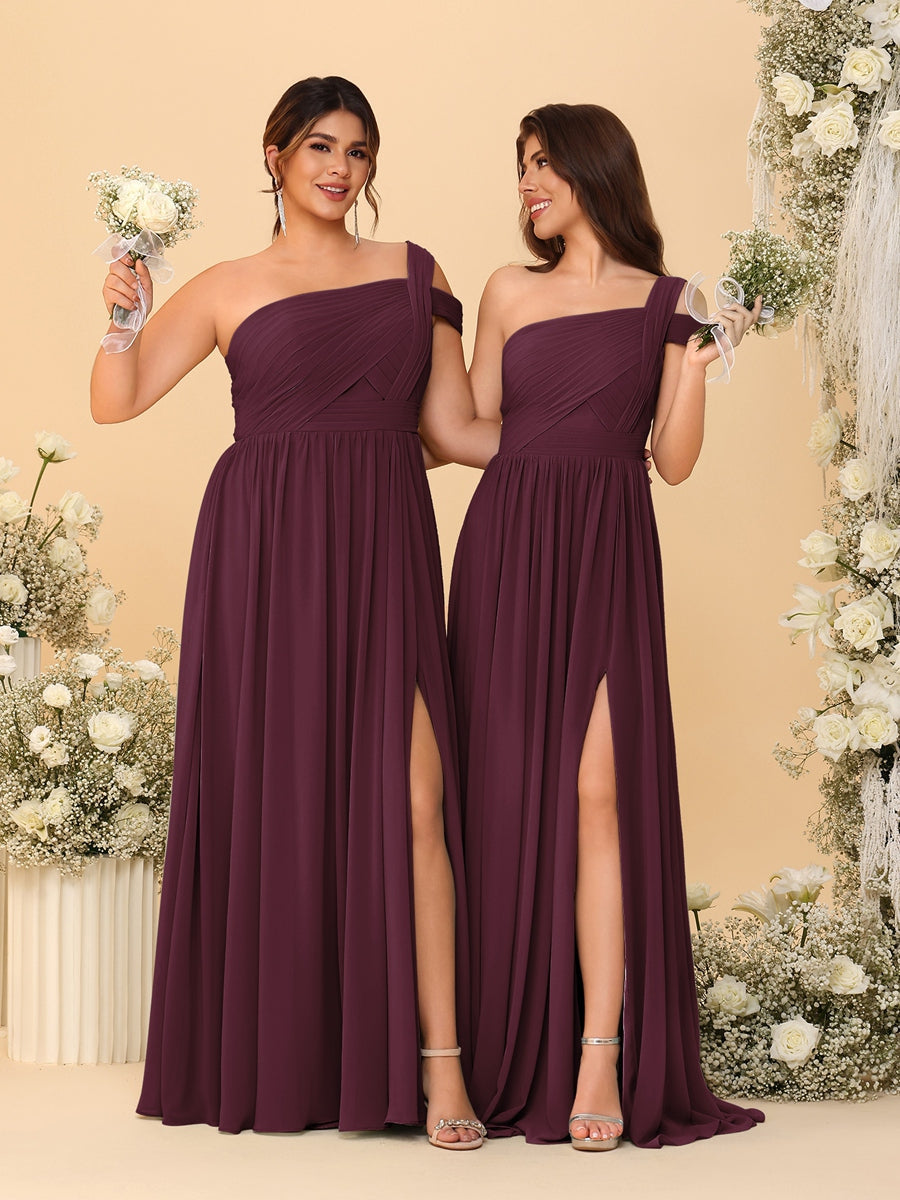 A-Line/Princess One-Shoulder Sleeveless Floor-Length Ruched Bridesmaid Dresses With Side Slit