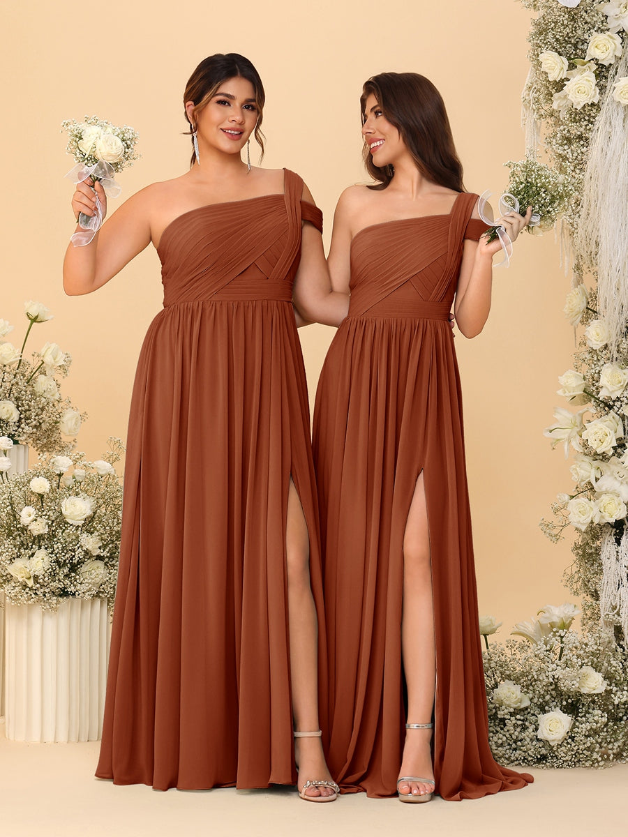 A-Line/Princess One-Shoulder Sleeveless Floor-Length Ruched Bridesmaid Dresses With Side Slit