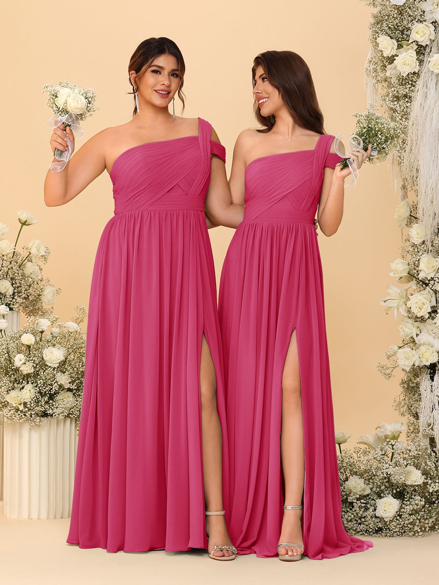 A-Line/Princess One-Shoulder Sleeveless Floor-Length Ruched Bridesmaid Dresses With Side Slit
