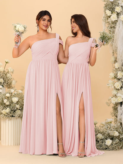 A-Line/Princess One-Shoulder Sleeveless Floor-Length Ruched Bridesmaid Dresses With Side Slit