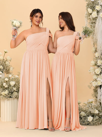 A-Line/Princess One-Shoulder Sleeveless Floor-Length Ruched Bridesmaid Dresses With Side Slit