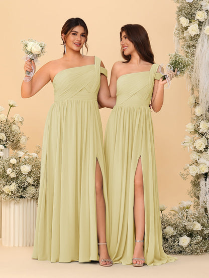 A-Line/Princess One-Shoulder Sleeveless Floor-Length Ruched Bridesmaid Dresses With Side Slit
