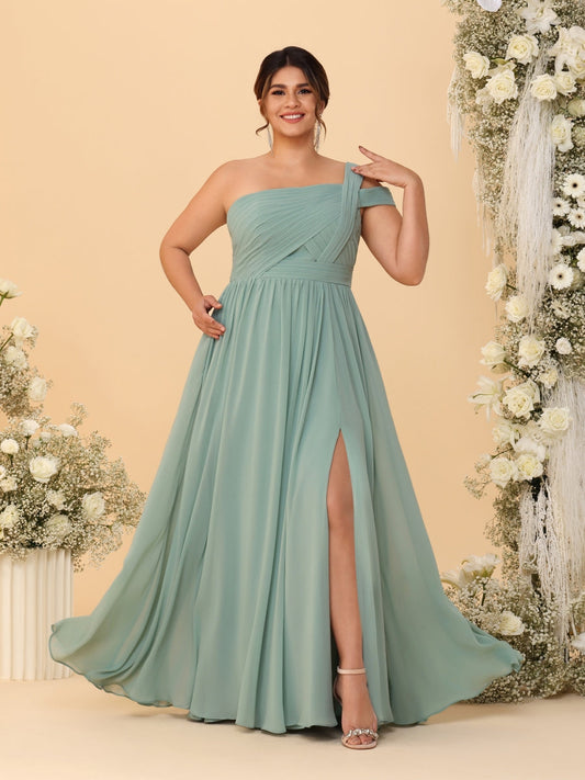 A-Line/Princess One-Shoulder Sleeveless Floor-Length Ruched Plus Size Bridesmaid Dresses With Side Slit