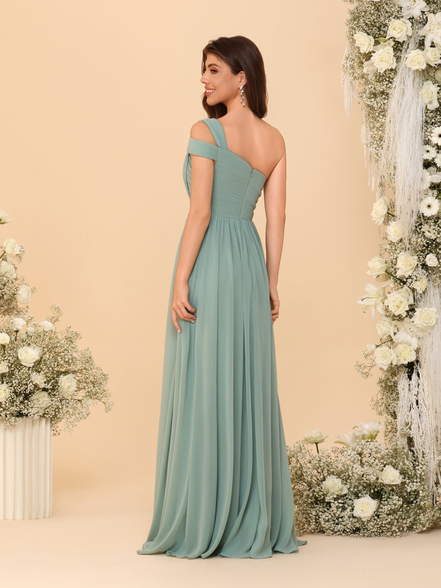 A-Line/Princess One-Shoulder Sleeveless Floor-Length Ruched Plus Size Bridesmaid Dresses With Side Slit