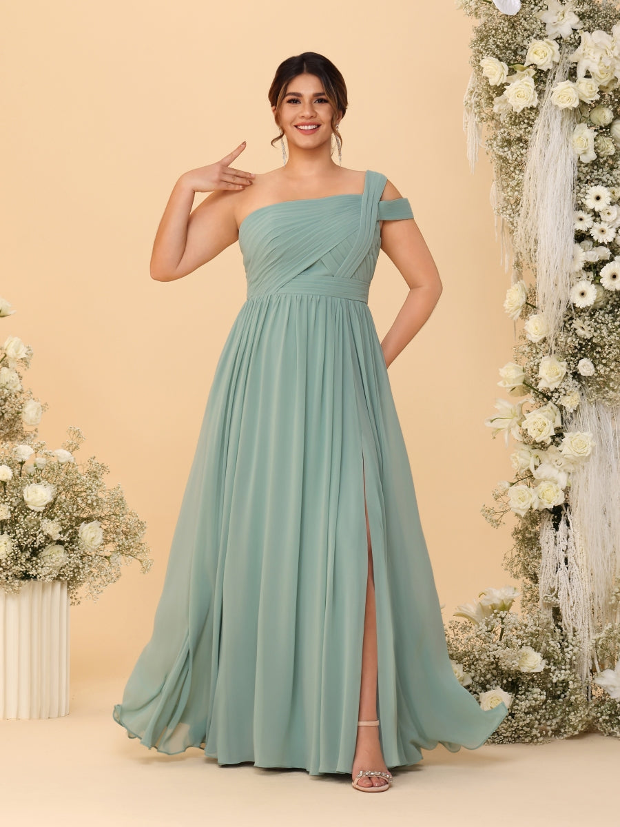 A-Line/Princess One-Shoulder Sleeveless Floor-Length Ruched Plus Size Bridesmaid Dresses With Side Slit