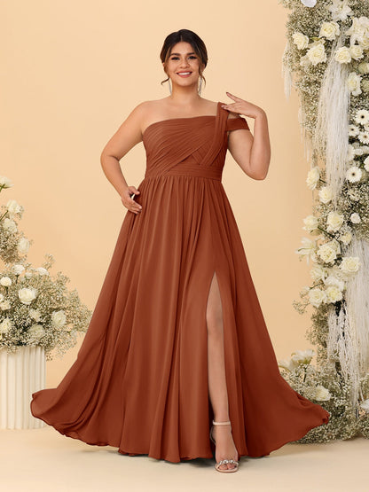 A-Line/Princess One-Shoulder Sleeveless Floor-Length Ruched Plus Size Bridesmaid Dresses With Side Slit