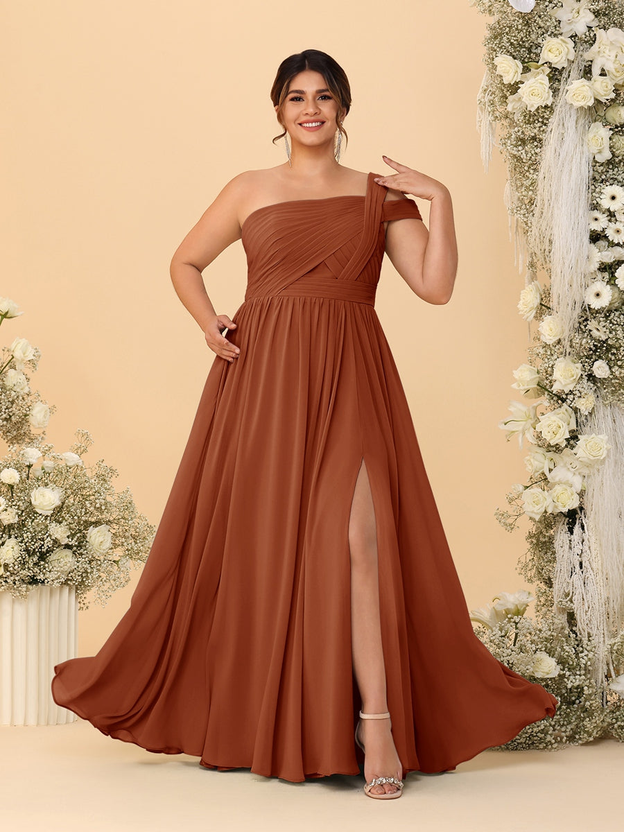 A-Line/Princess One-Shoulder Sleeveless Floor-Length Ruched Plus Size Bridesmaid Dresses With Side Slit