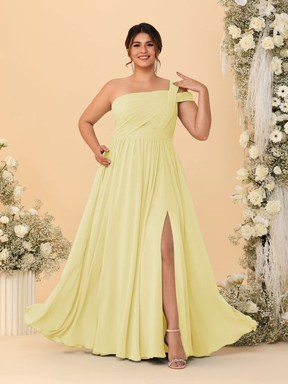 A-Line/Princess One-Shoulder Sleeveless Floor-Length Ruched Plus Size Bridesmaid Dresses With Side Slit