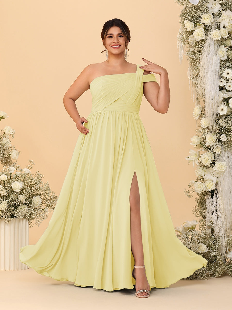 A-Line/Princess One-Shoulder Sleeveless Floor-Length Ruched Plus Size Bridesmaid Dresses With Side Slit