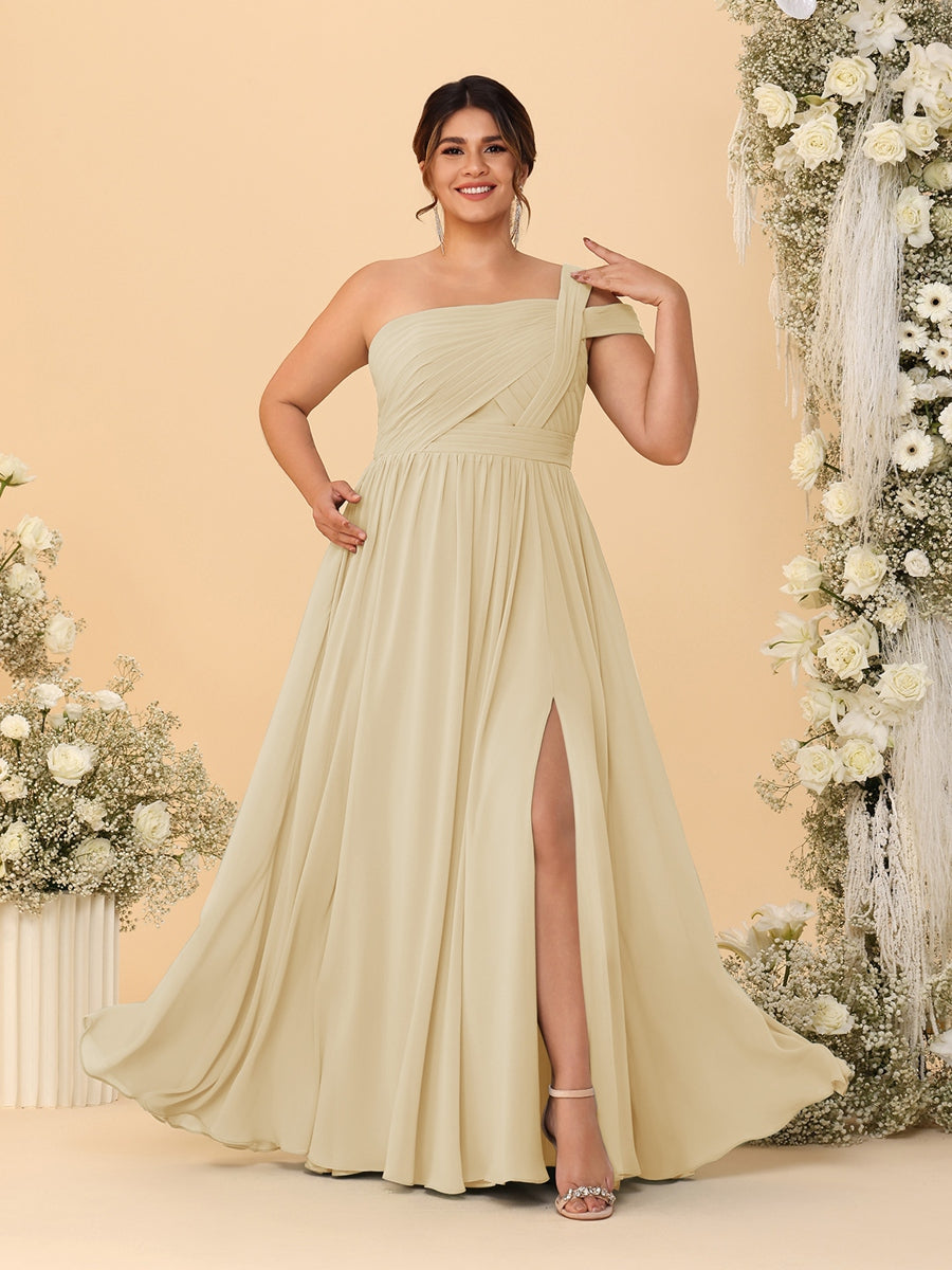 A-Line/Princess One-Shoulder Sleeveless Floor-Length Ruched Plus Size Bridesmaid Dresses With Side Slit