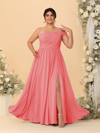 A-Line/Princess One-Shoulder Sleeveless Floor-Length Ruched Plus Size Bridesmaid Dresses With Side Slit