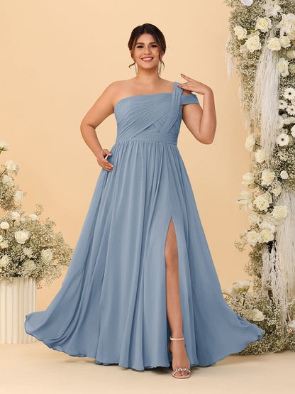 A-Line/Princess One-Shoulder Sleeveless Floor-Length Ruched Plus Size Bridesmaid Dresses With Side Slit