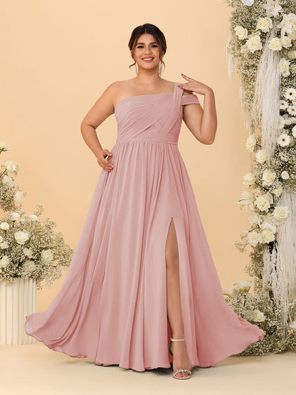 A-Line/Princess One-Shoulder Sleeveless Floor-Length Ruched Plus Size Bridesmaid Dresses With Side Slit