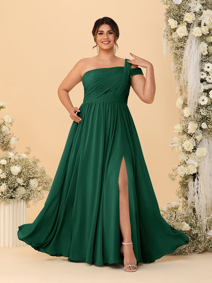 A-Line/Princess One-Shoulder Sleeveless Floor-Length Ruched Plus Size Bridesmaid Dresses With Side Slit
