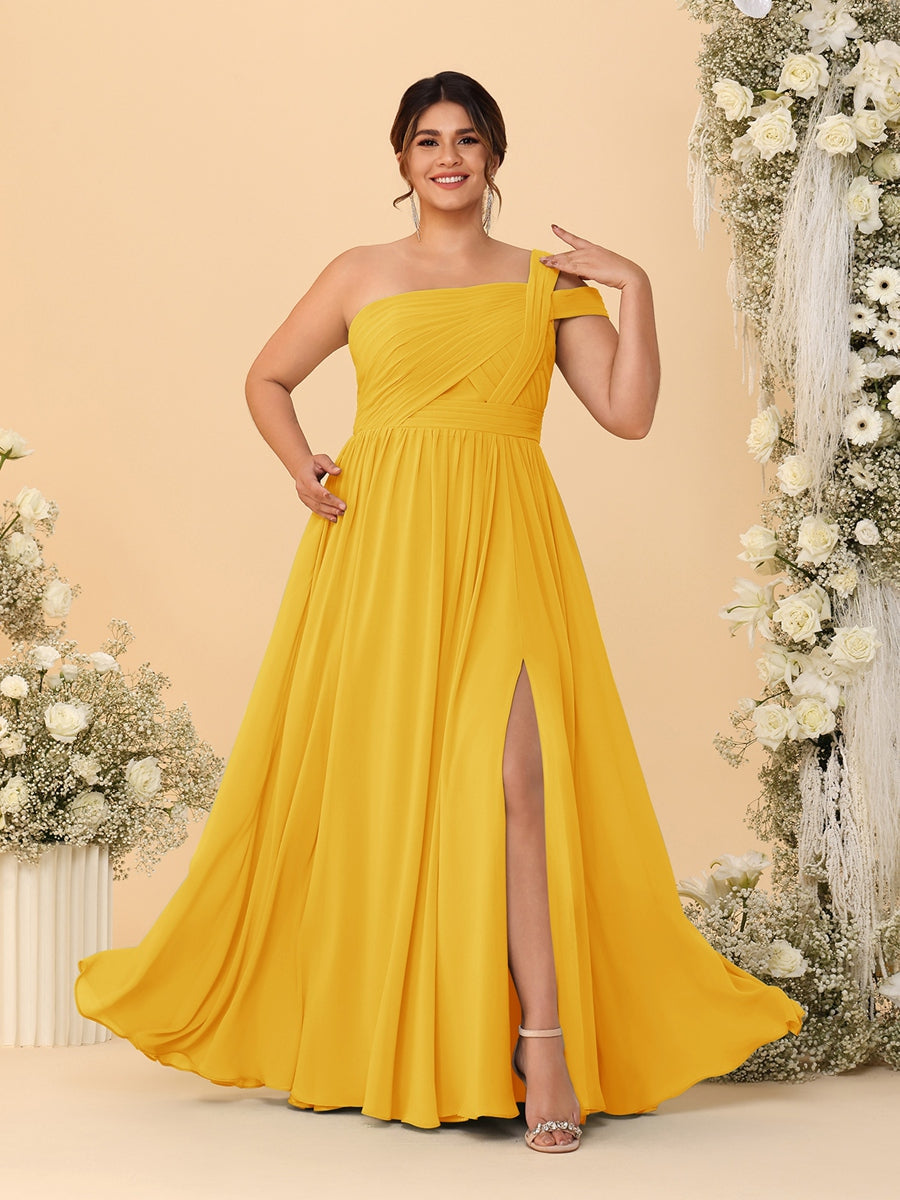 A-Line/Princess One-Shoulder Sleeveless Floor-Length Ruched Plus Size Bridesmaid Dresses With Side Slit