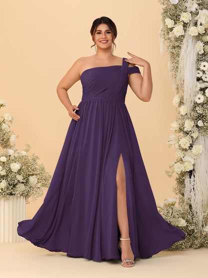 A-Line/Princess One-Shoulder Sleeveless Floor-Length Ruched Plus Size Bridesmaid Dresses With Side Slit