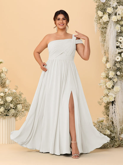 A-Line/Princess One-Shoulder Sleeveless Floor-Length Ruched Plus Size Bridesmaid Dresses With Side Slit