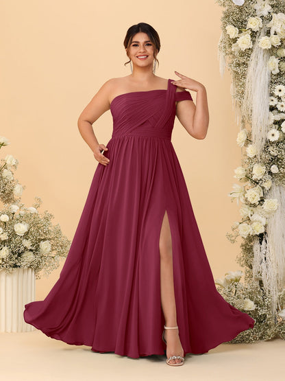 A-Line/Princess One-Shoulder Sleeveless Floor-Length Ruched Plus Size Bridesmaid Dresses With Side Slit
