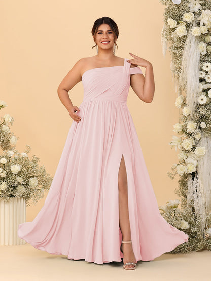 A-Line/Princess One-Shoulder Sleeveless Floor-Length Ruched Plus Size Bridesmaid Dresses With Side Slit